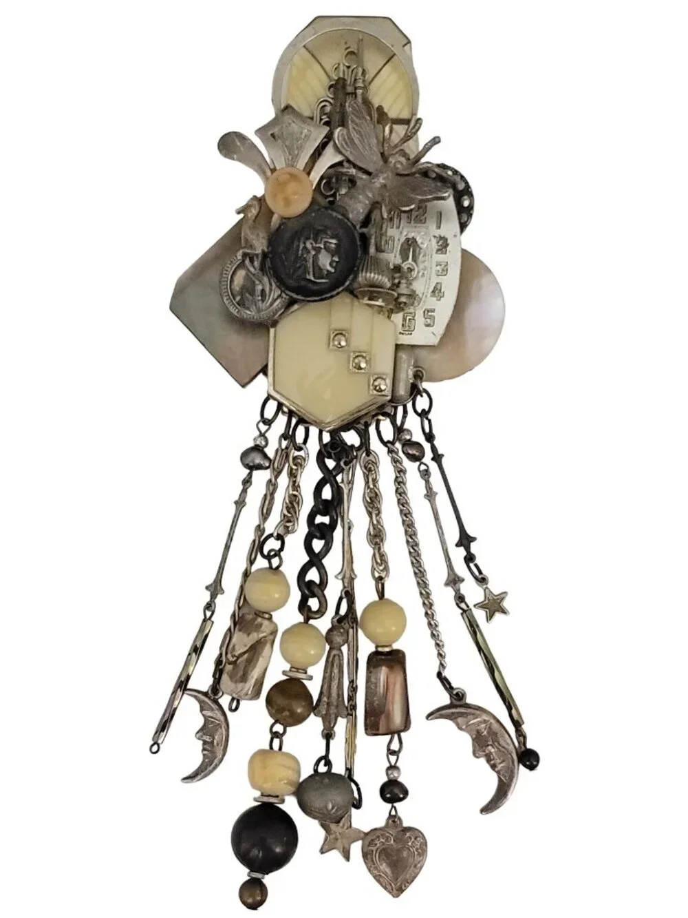 Lisa Carlson Artisan Steam Punk Multi Charm Chatelaine Brooch, Signed